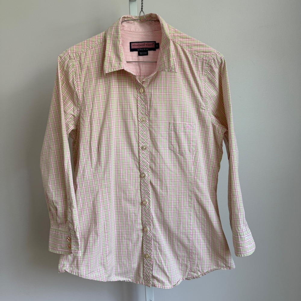 Vineyard Vines Button Down‎ Shirt sz 6 Pink Green Plaid Preppy Coastal